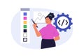 Design development concept in modern flat design for web. Woman prototyping wireframe layout, coding, selecting colour