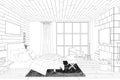 Design drawing of the bedroom with fireplace. 3D renderer