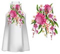 Design dress with tropical flowers for embroidery or print. Vector illustration.