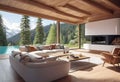 Design of an eco-friendly living room with a fireplace made of wood with mountain views, a plot of real estate in the mountains, Royalty Free Stock Photo