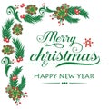 Design element of card merry christmas and happy new year, texture motif of colorful flower frame and green leaves. Vector Royalty Free Stock Photo