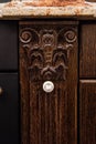 Design element of classic kitchen furniture. Wood carving. Copy space