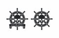 Set of black and white illustrations of a steering wheel, skull on a white background. Royalty Free Stock Photo