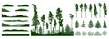 Design elements of forest trees. Constructor of landscape. Silhouettes of beautiful spruce trees, pine, bush, grass, hill.