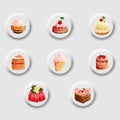 Design elements gray buttons with color drawings. Confectionery design. Beautiful cakes, pastries. Modern style in gray