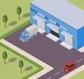 The isometric warehouse building flat trucks and the road.