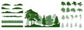 Design elements of summer trees. Constructor woodland, landscape. Silhouettes of beautiful fir trees, pine, other trees, grass,