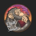 Cool chimpanzee smoke pipe on summer sunset illustration