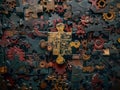 Design an evocative highangle composition featuring a puzzle of interconnected gears representing the complexities of mental Royalty Free Stock Photo