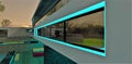 The design of an exclusive long window with turquoise lighting around the perimeter at night. Downstairs is a bar in the seating