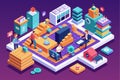 The design features people engaging in various tasks in a vibrant isometric office space, fostering collaboration, Profiling Royalty Free Stock Photo