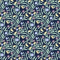 Floral pattern with leaves and flowers on a dark background showcasing various shapes and colors Royalty Free Stock Photo