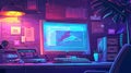 The design features retro software windows on a computer desktop, such as chat messenger, media player, internet