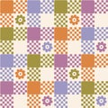 Colorful retro groovy checkerboard plaid with floral seamless pattern