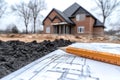 Design framework in focus - house model positioned over detailed blueprints, emphasizing architectural structure