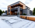 Design framework in focus - house model positioned over detailed blueprints, emphasizing architectural structure