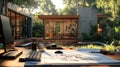 Design framework in focus - house model positioned over detailed blueprints, emphasizing architectural structure