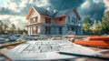 Design framework in focus - house model positioned over detailed blueprints, emphasizing architectural structure