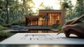 Design framework in focus - house model positioned over detailed blueprints, emphasizing architectural structure