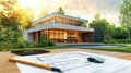 Design framework in focus - house model positioned over detailed blueprints, emphasizing architectural structure