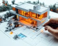 Design framework in focus - house model positioned over detailed blueprints, emphasizing architectural structure
