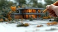 Design framework in focus - house model positioned over detailed blueprints, emphasizing architectural structure