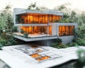 Design framework in focus - house model positioned over detailed blueprints, emphasizing architectural structure