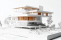 Design framework in focus - house model positioned over detailed blueprints, emphasizing architectural structure