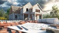 Design framework in focus - house model positioned over detailed blueprints, emphasizing architectural structure