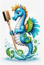 Design of a friendly and cute seahorse holding a cleaning brush on white background, symbol of consciouness, cleanliness, business