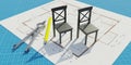 Design furniture concept. Chair, pencil, calipers on drawing blueprint. Overhead view. 3d render