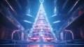 Design a futuristic Christmas tree with holographic decorations and neon lights, set against a sci-fi backdrop