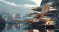 Design a futuristic lakeside villa with glass walls and curved architecture The villa should be surrounded by a lake and have