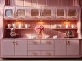 Design of a futuristic pink kitchen in a modern design