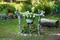 Design in the garden with flowers and wooden objects. Unusual flowerbed and park art in summer