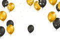 Design gold colors and black with realistic flying helium balloons. Celebration, festival background, greeting banner, card, Royalty Free Stock Photo