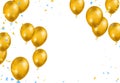 Design gold colors ealistic flying helium balloons. Celebration, festival background, greeting banner, card, poster