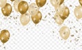 Design gold colors and white with realistic flying helium balloons. Celebration, festival background, greeting banner, card,