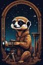 A design graphic that combines a curious meerkat stargazing with the telescope, astonomy club, animal art, galaxy, fantasy