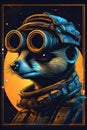 A design graphic of a curious meerkat stargazing the planet of galaxy, spirit of exploration, curiosity, astronomy club, animal