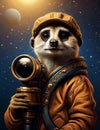 A design graphic of a curious meerkat stargazing through a telescope, reflecting the spiritnof exploration, curiosity, astronomy