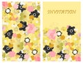 Design greeting card, invitation in floral motif. Abstract flowers, dots, dashes on light yellow background. Vector illustration Royalty Free Stock Photo