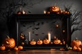 A Halloween-themed mockup featuring a spooky shelf adorned with eerie holiday decorations.