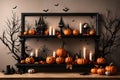 A Halloween-themed mockup featuring a spooky shelf adorned with eerie holiday decorations.