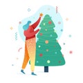 Design happy new year illustration young girl decorates a christmas tree. Cute flat female character for christmas Royalty Free Stock Photo