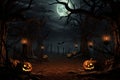 design that has halloween themed pumpkins, full moons, tree branches Royalty Free Stock Photo