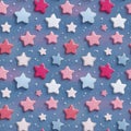 Seamless star pattern featuring soft, hand-drawn stars in shades of pink, blue, red, and white on a blue gradient background Royalty Free Stock Photo