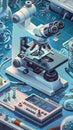 Design a highangle view artwork capturing a comedic mishap in a nanoengineering lab where microscopic robots hilariously