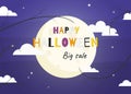 Vector illustration of nighttime Halloween scene. Text Happy Halloween Big Sale on background of full moon.