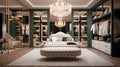 Design a Hollywood glam luxury bedroom with mirrored furniture, a tufted headboard, and a walk-in closet showcasing a designer